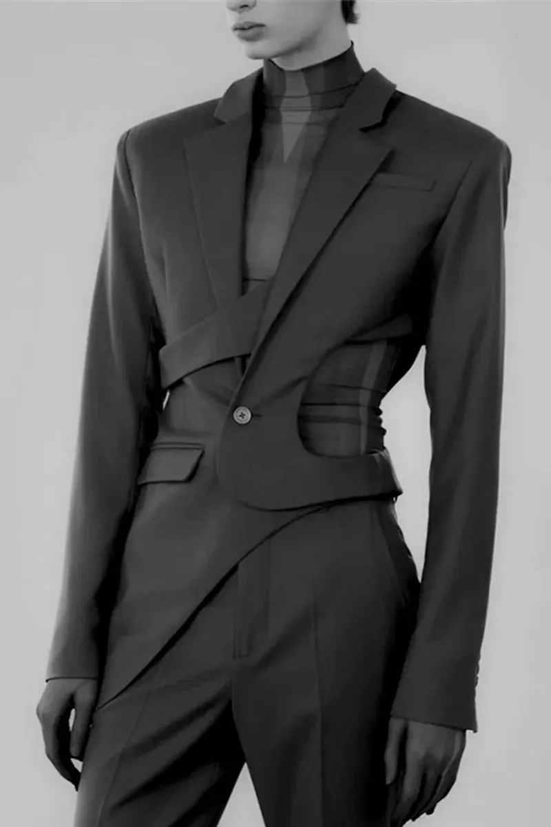 Four seasons men slim short asymmetrical suit large size casual splicing hollow decoration jacket