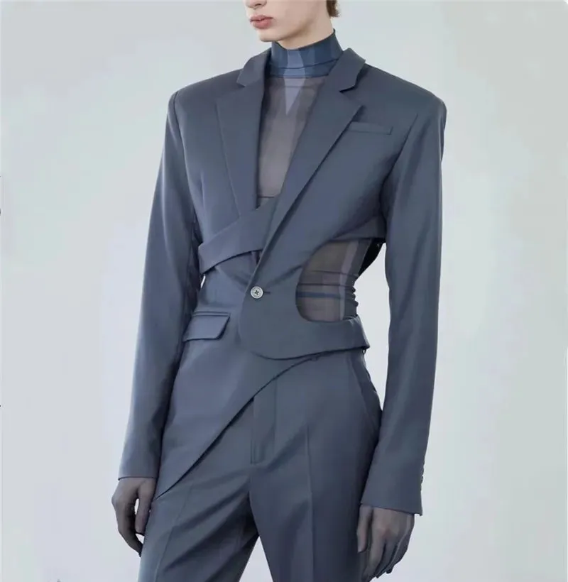Four seasons men slim short asymmetrical suit large size casual splicing hollow decoration jacket