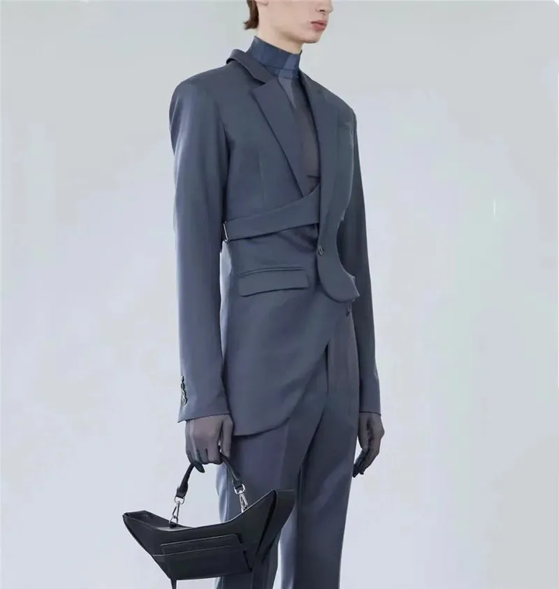 Four seasons men slim short asymmetrical suit large size casual splicing hollow decoration jacket