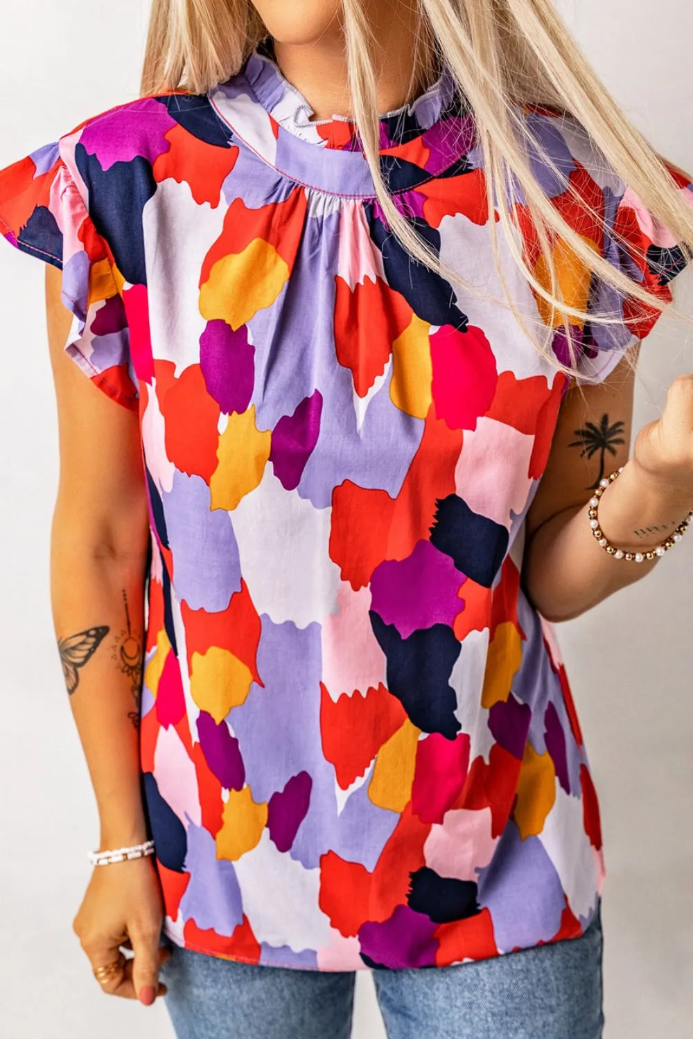 Frill Printed Mock Neck Cap Sleeve Blouse