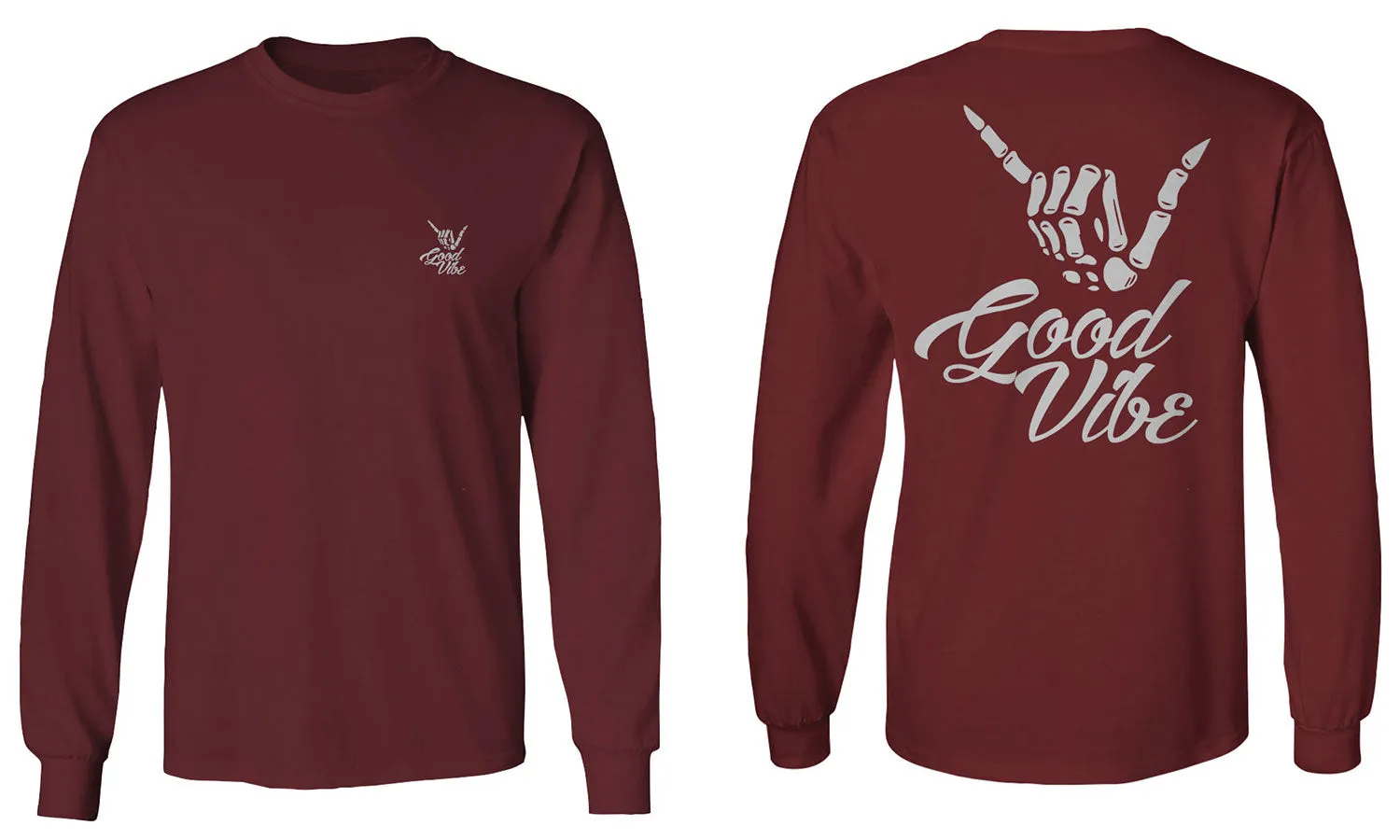 Front and Back Good Vibe Bones Hand Shaka Cool Vintage Hipster Graphic mens Long sleeve t shirt