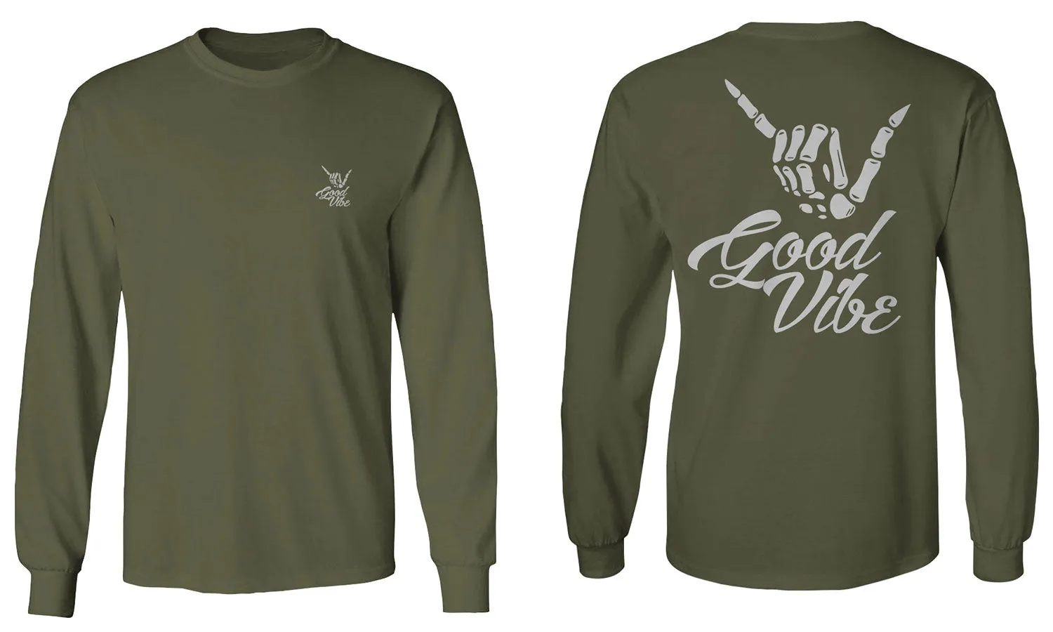 Front and Back Good Vibe Bones Hand Shaka Cool Vintage Hipster Graphic mens Long sleeve t shirt