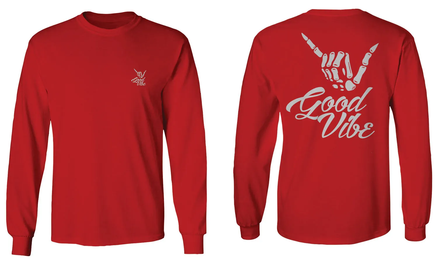 Front and Back Good Vibe Bones Hand Shaka Cool Vintage Hipster Graphic mens Long sleeve t shirt