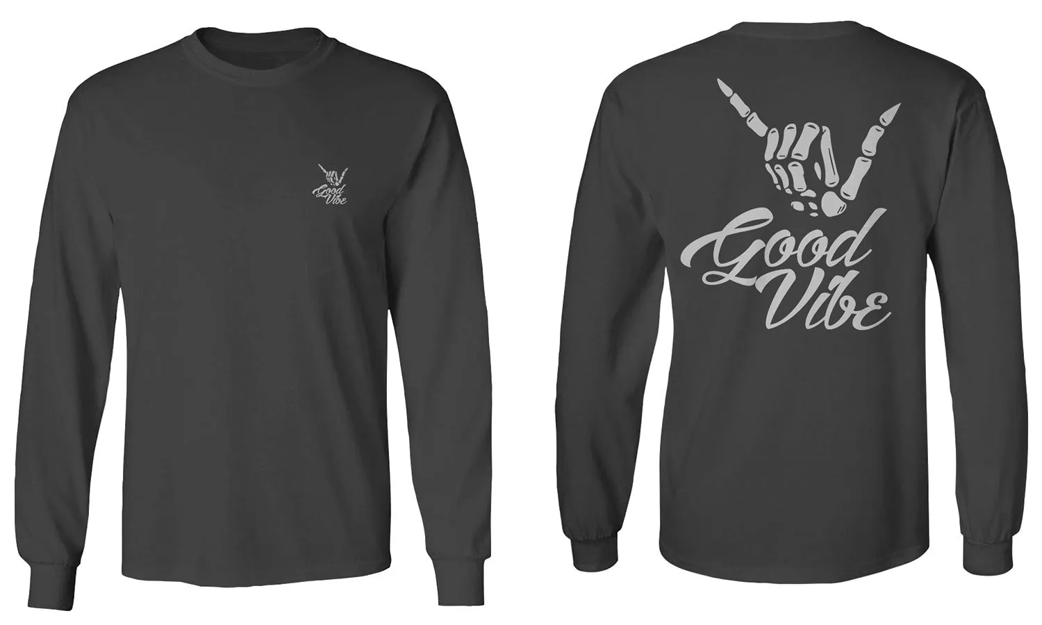 Front and Back Good Vibe Bones Hand Shaka Cool Vintage Hipster Graphic mens Long sleeve t shirt