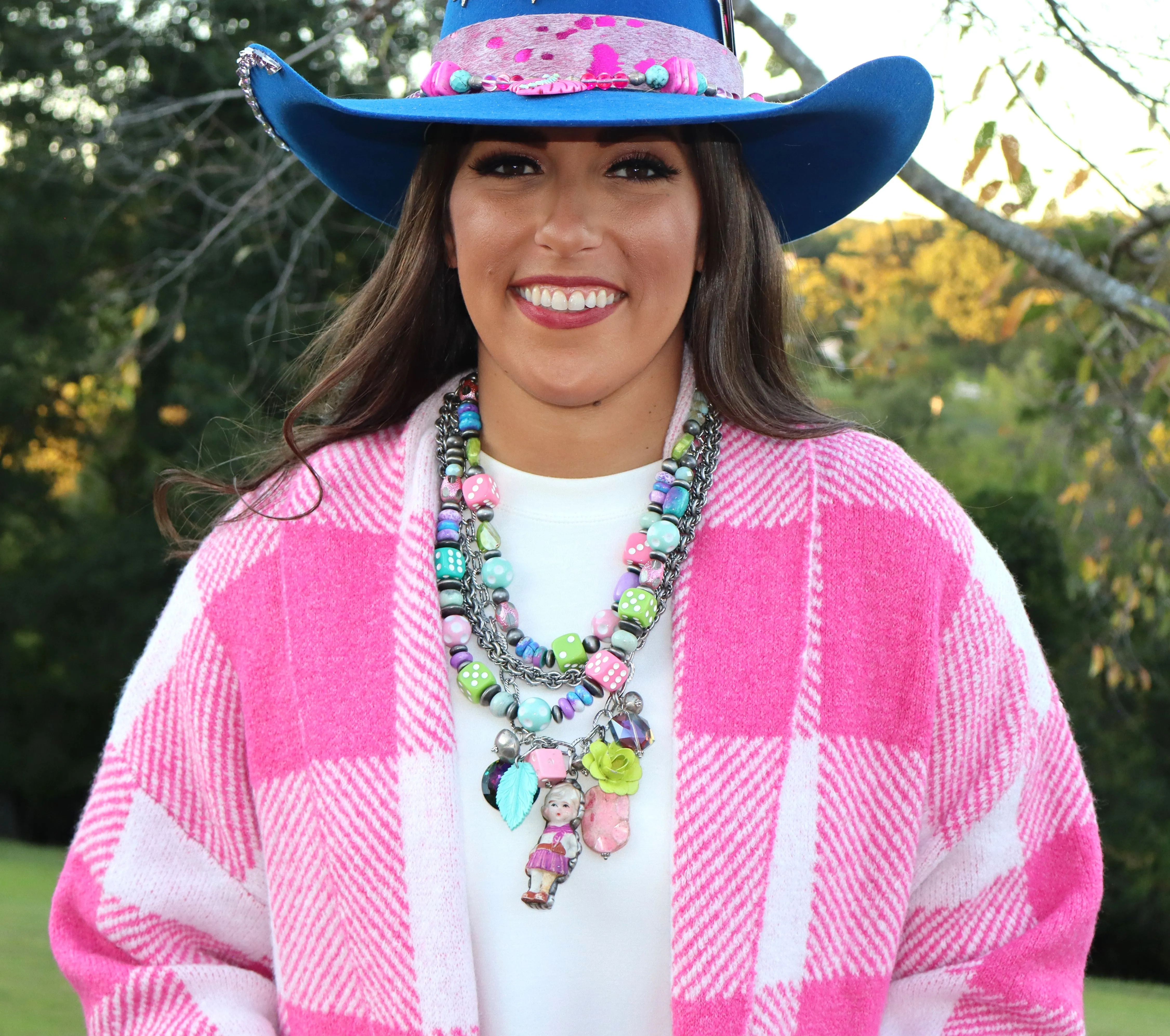 Gingham Pattern Soft Pocket Front Open Cardigan Sweater - Pink