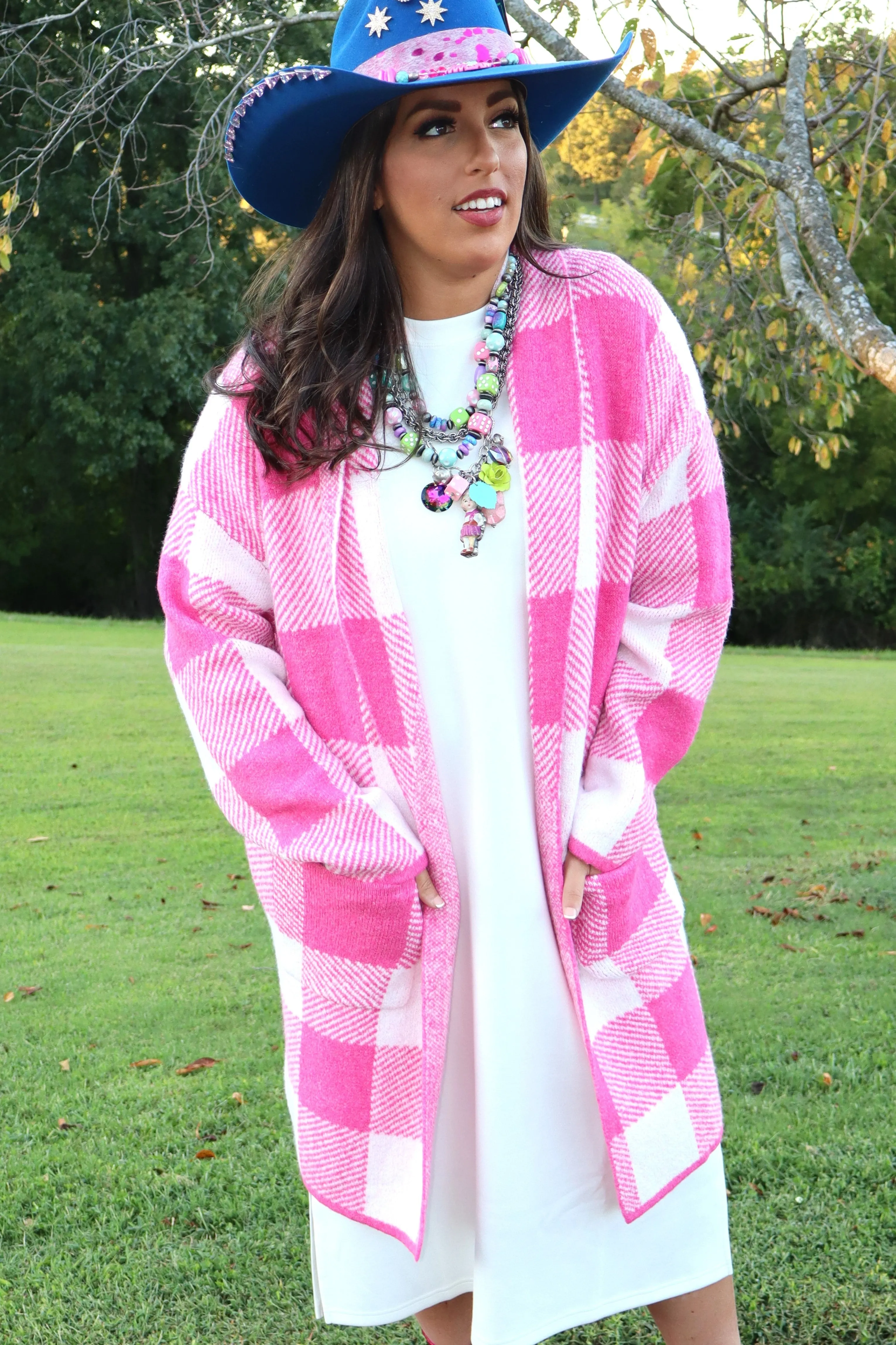 Gingham Pattern Soft Pocket Front Open Cardigan Sweater - Pink