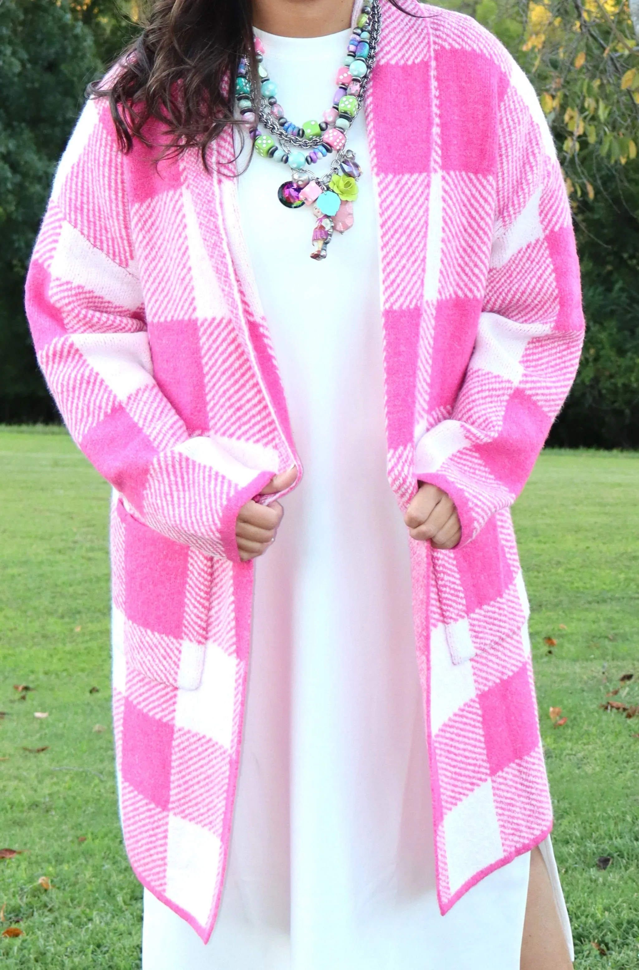 Gingham Pattern Soft Pocket Front Open Cardigan Sweater - Pink