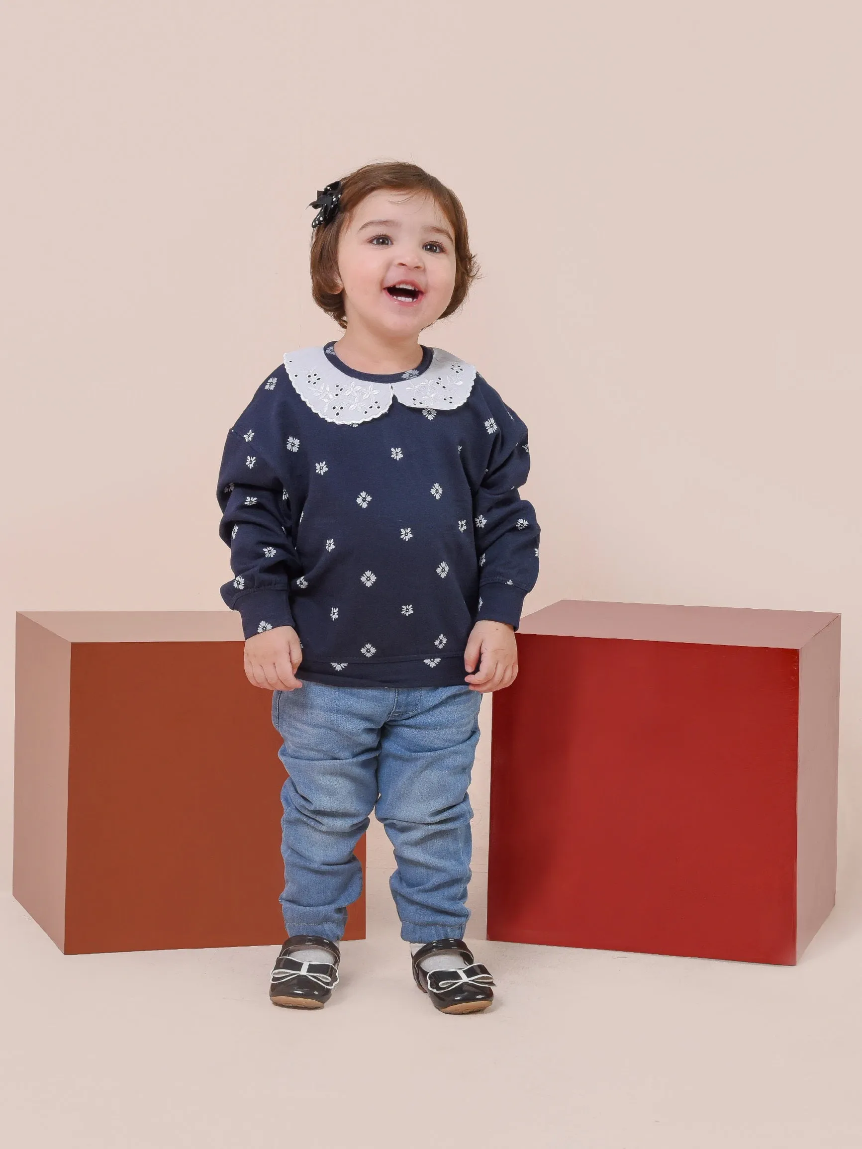 Girls Floral Collar Terry Top