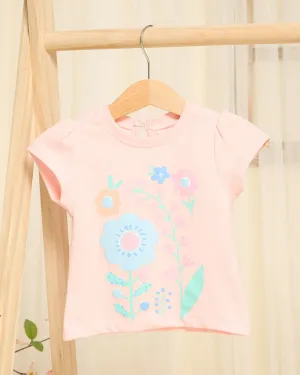 Girls Pink Floral Placement Printed T-Shirt