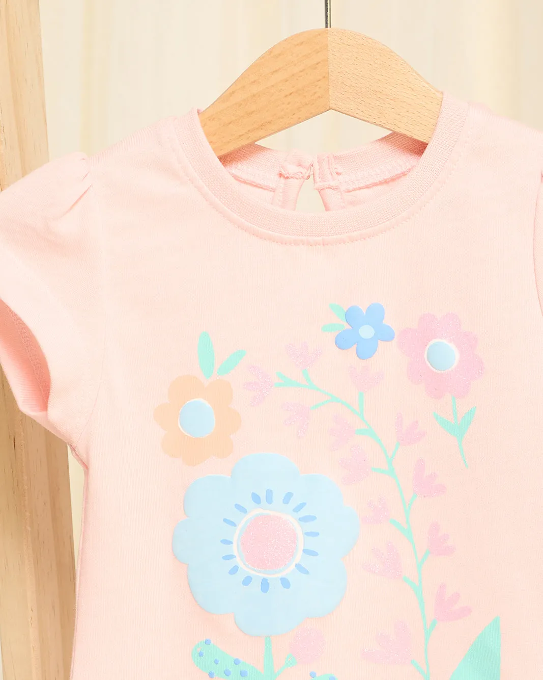 Girls Pink Floral Placement Printed T-Shirt