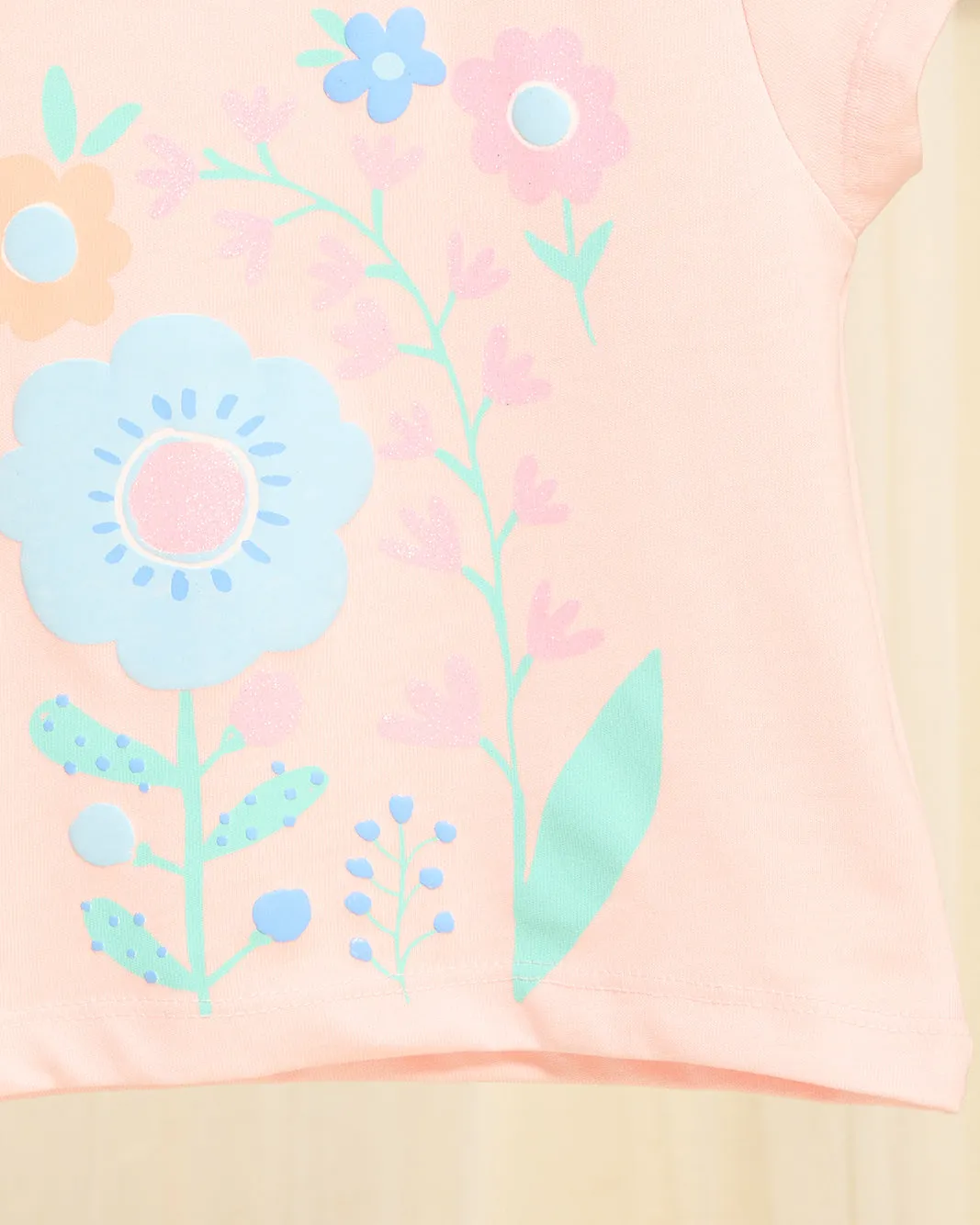 Girls Pink Floral Placement Printed T-Shirt