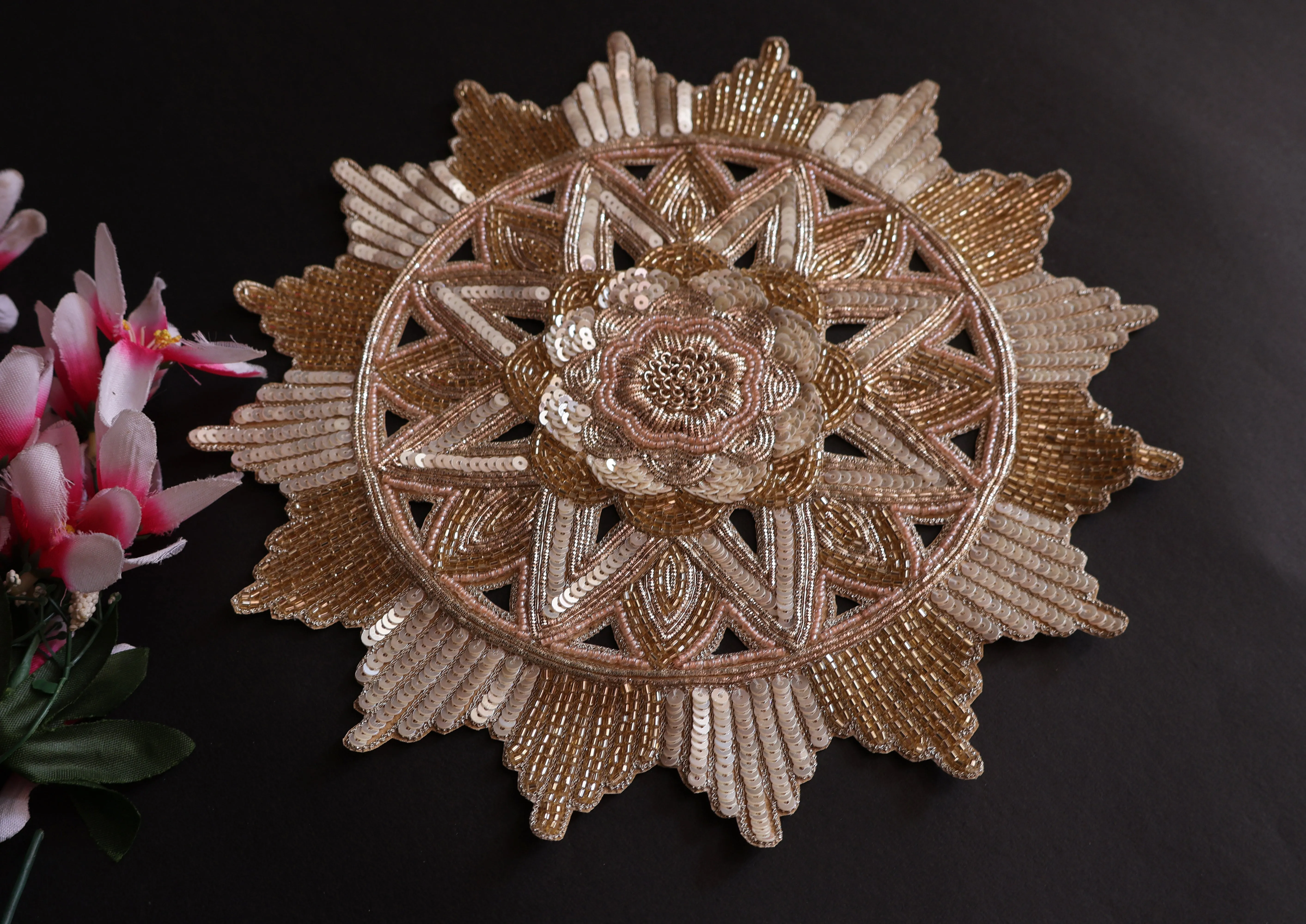 Golden Sequin Embroidered Mandala Patch