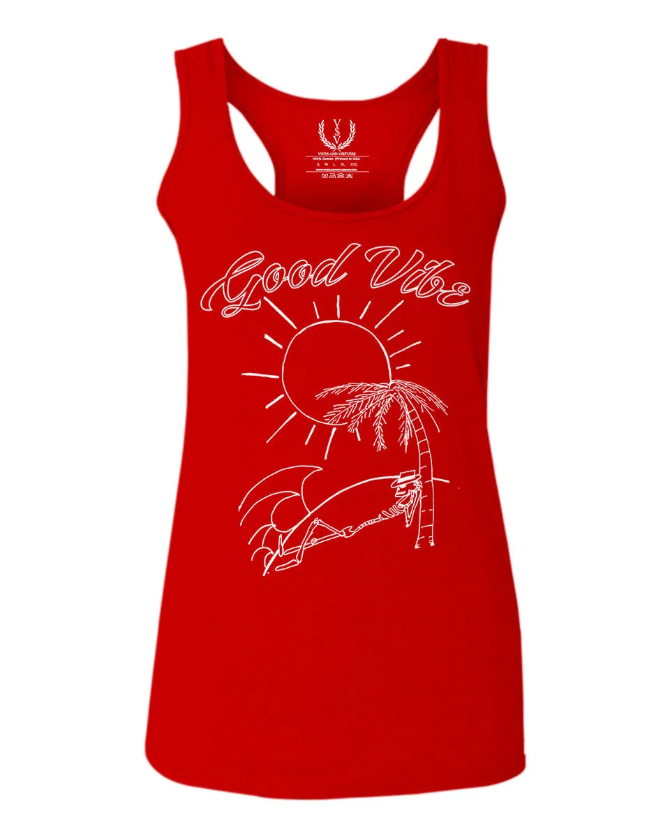 Good Vibe Summer Vintage Retro Beach surf Palm Tree Vacation Skeleton  women's Tank Top sleeveless Racerback