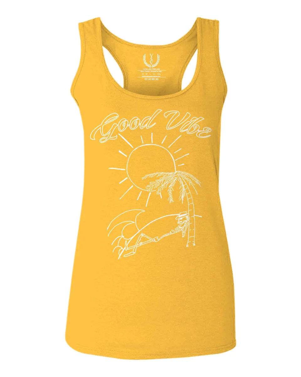 Good Vibe Summer Vintage Retro Beach surf Palm Tree Vacation Skeleton  women's Tank Top sleeveless Racerback