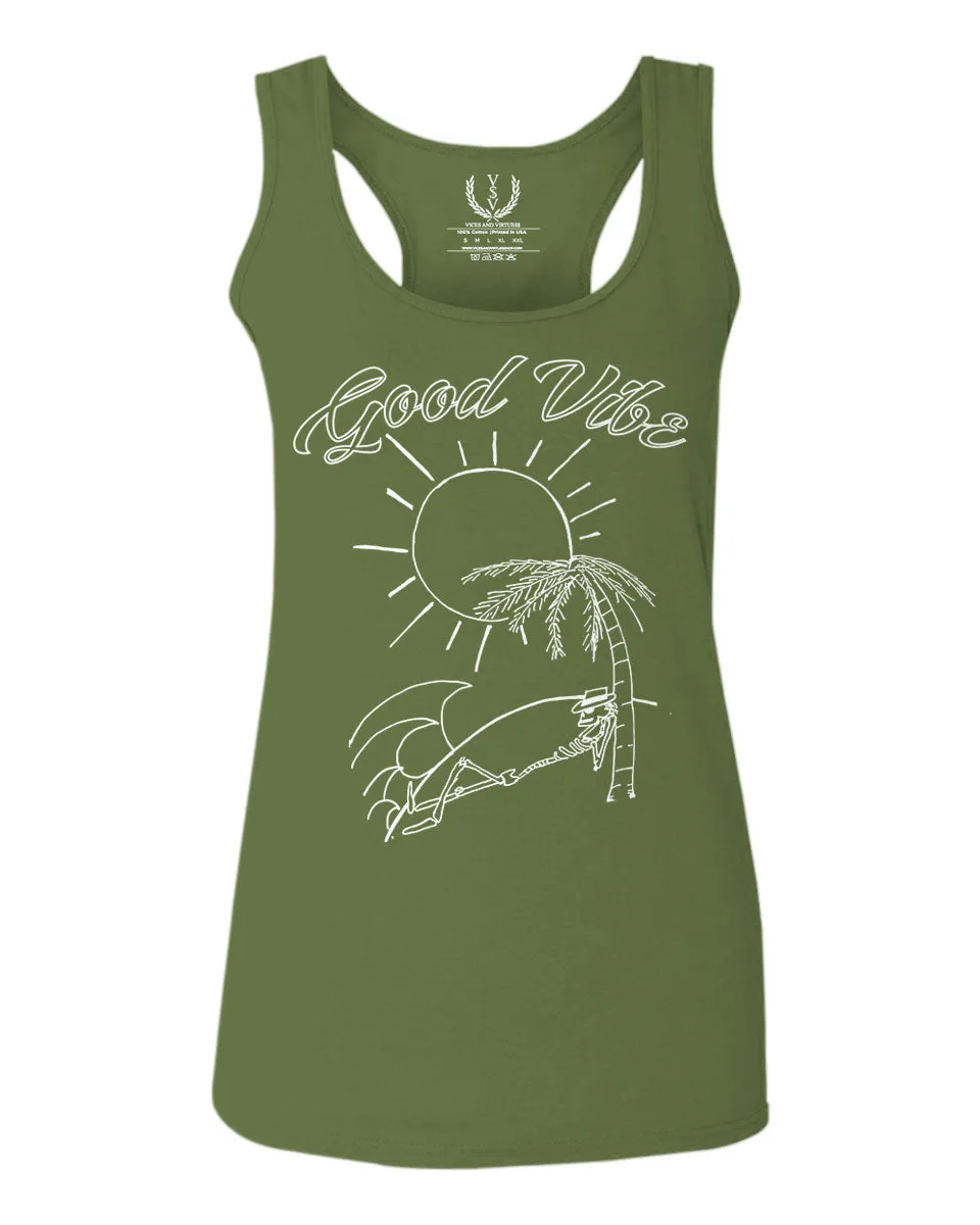 Good Vibe Summer Vintage Retro Beach surf Palm Tree Vacation Skeleton  women's Tank Top sleeveless Racerback