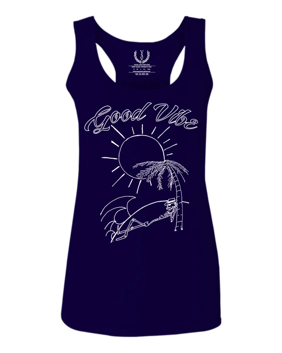 Good Vibe Summer Vintage Retro Beach surf Palm Tree Vacation Skeleton  women's Tank Top sleeveless Racerback