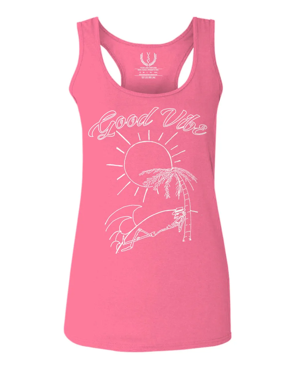 Good Vibe Summer Vintage Retro Beach surf Palm Tree Vacation Skeleton  women's Tank Top sleeveless Racerback