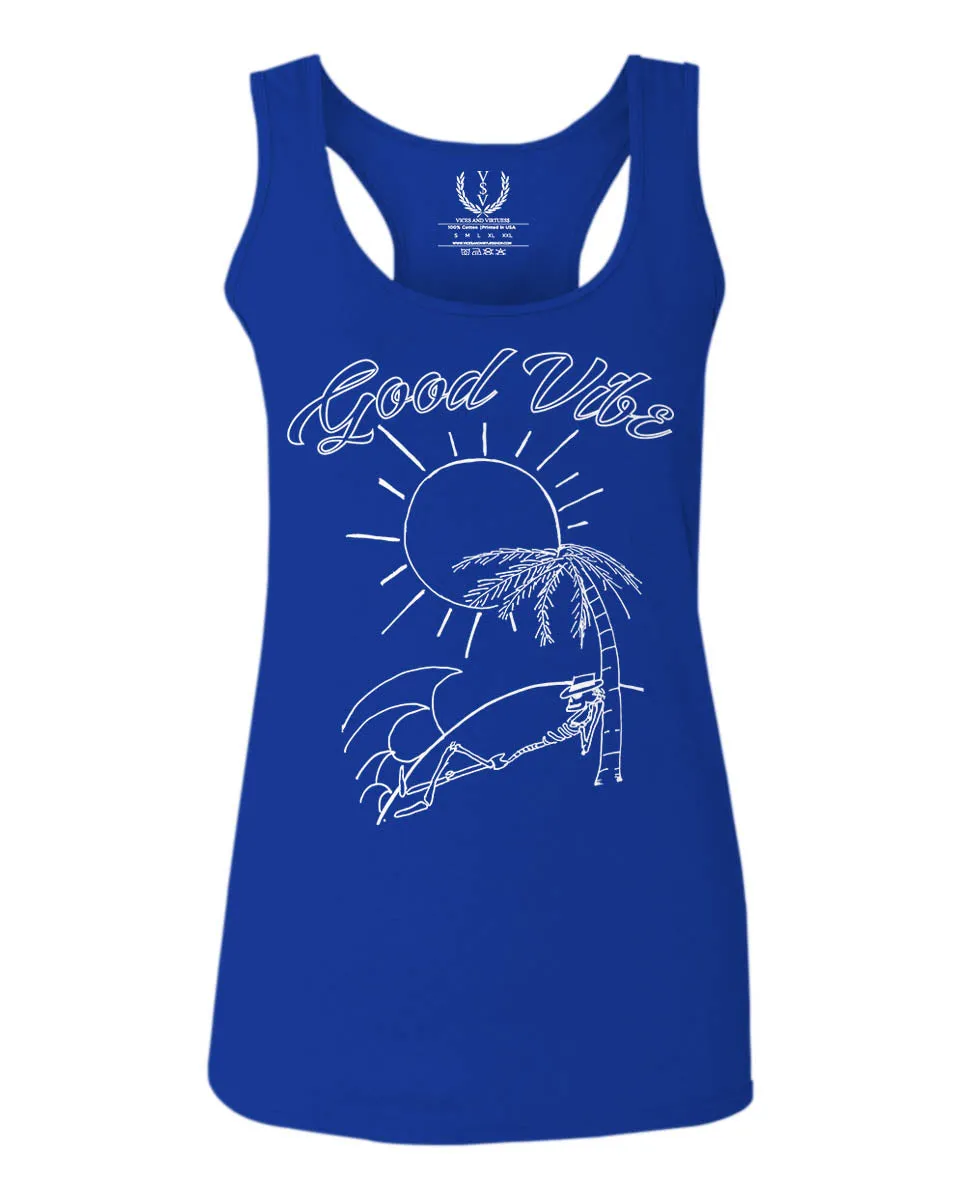 Good Vibe Summer Vintage Retro Beach surf Palm Tree Vacation Skeleton  women's Tank Top sleeveless Racerback