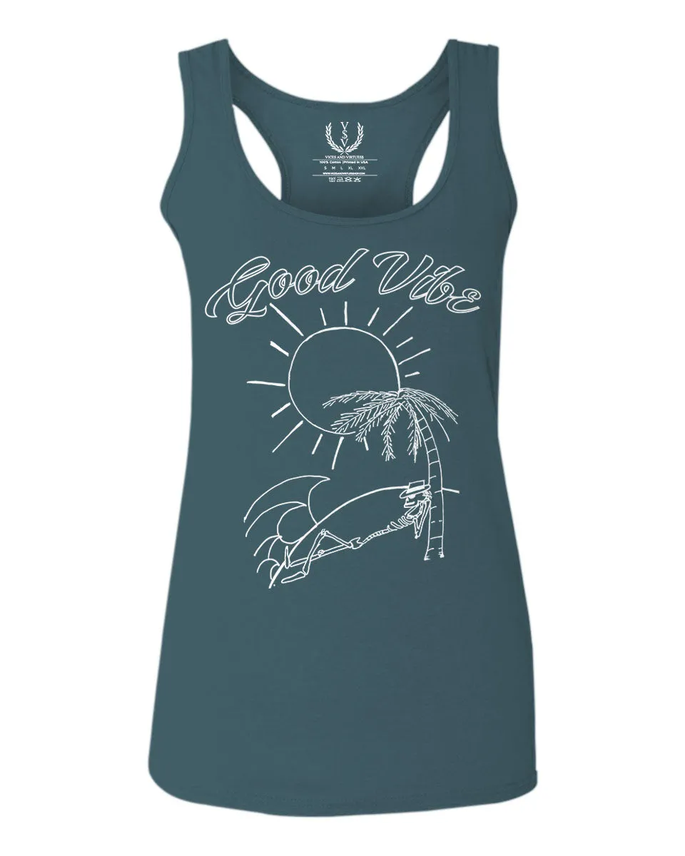 Good Vibe Summer Vintage Retro Beach surf Palm Tree Vacation Skeleton  women's Tank Top sleeveless Racerback