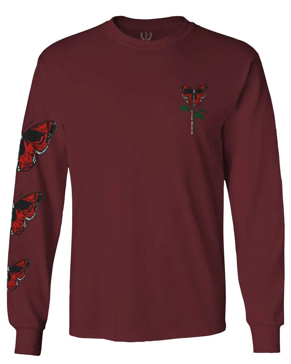 Graphic Cool Till Death Flower Skull Primitives Butterfly Vibes Floral mens Long sleeve t shirt