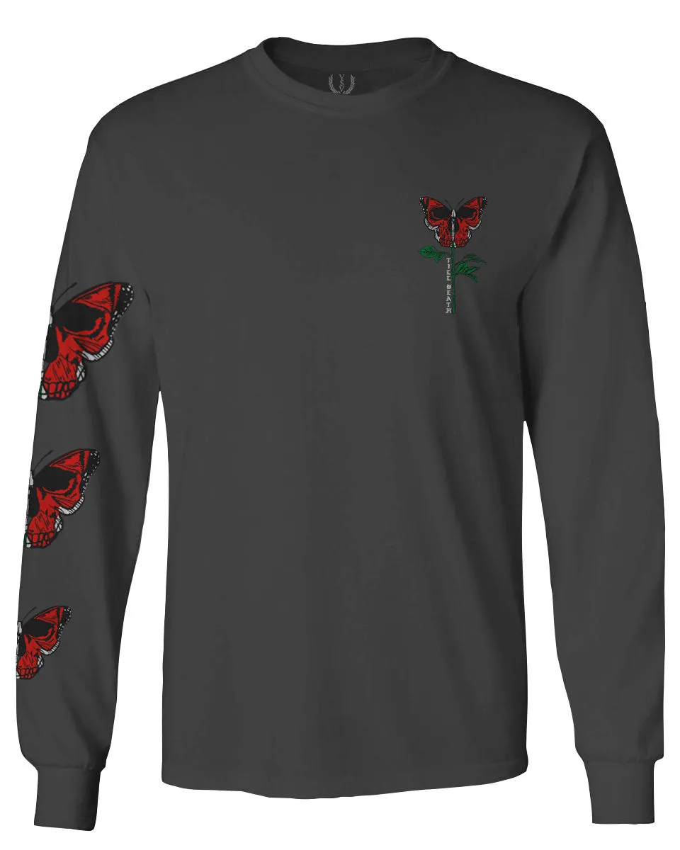 Graphic Cool Till Death Flower Skull Primitives Butterfly Vibes Floral mens Long sleeve t shirt