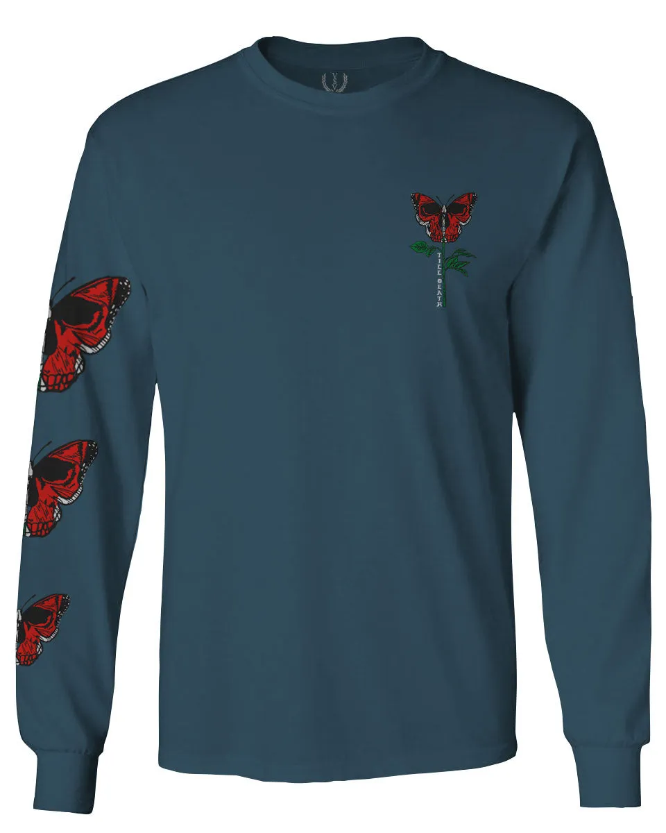 Graphic Cool Till Death Flower Skull Primitives Butterfly Vibes Floral mens Long sleeve t shirt
