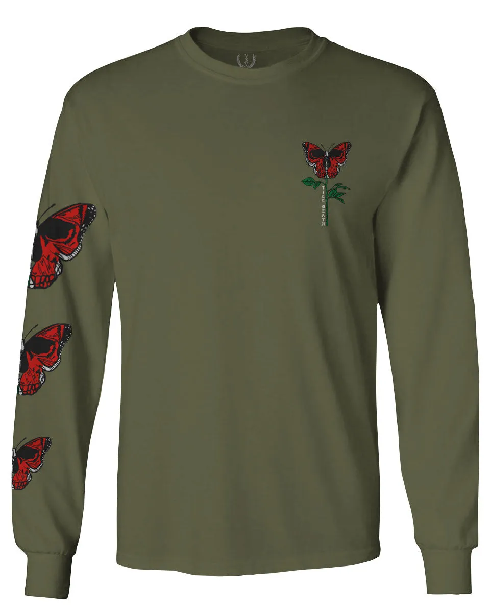 Graphic Cool Till Death Flower Skull Primitives Butterfly Vibes Floral mens Long sleeve t shirt