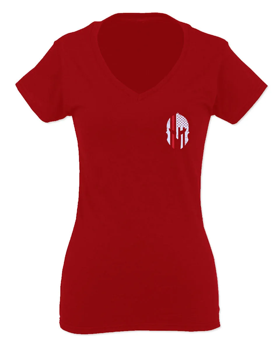 Greek Helmet America Support Thin Red Line Fonts Firefighter For Women V neck fitted T Shirt