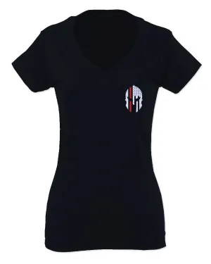 Greek Helmet America Support Thin Red Line Fonts Firefighter For Women V neck fitted T Shirt