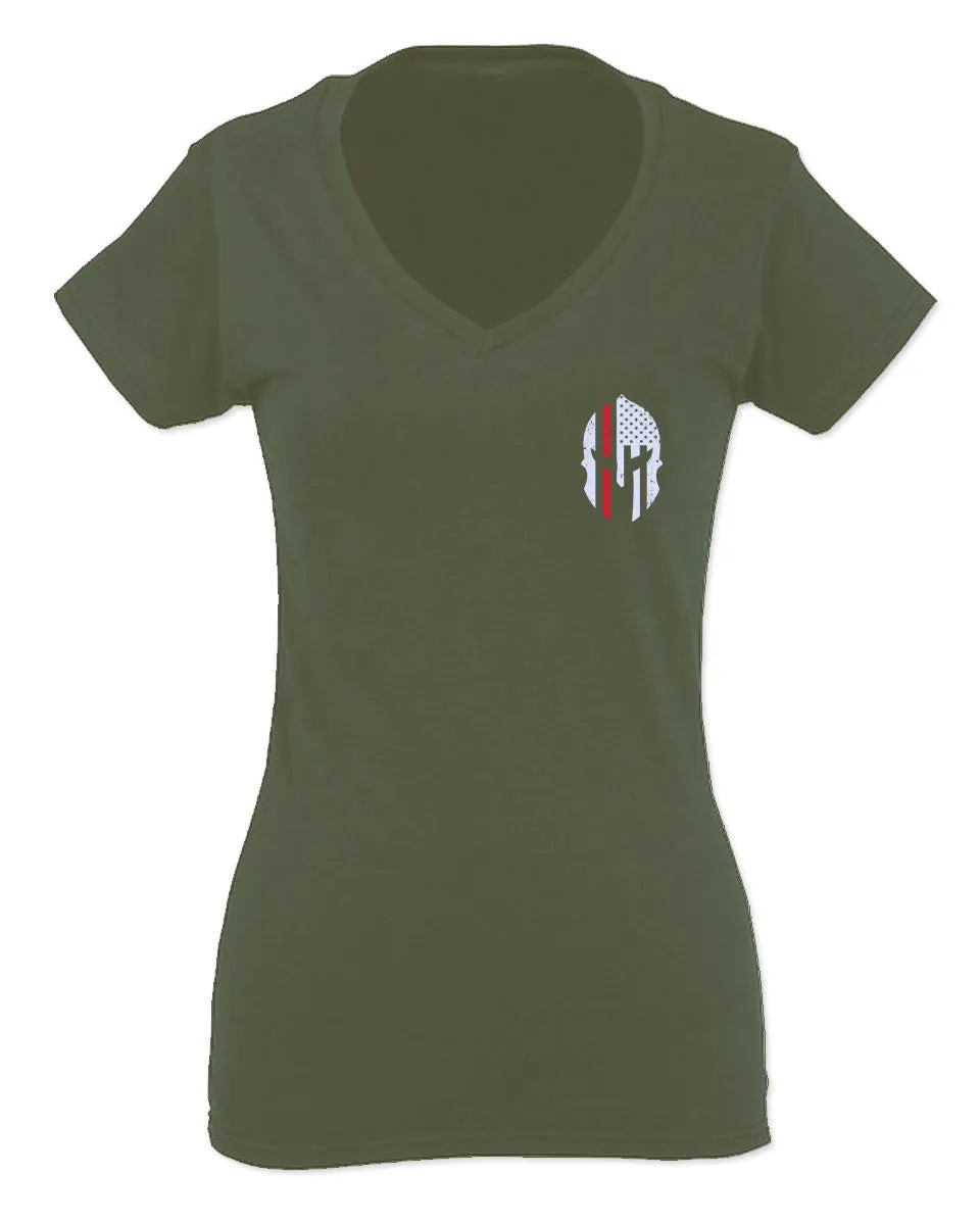 Greek Helmet America Support Thin Red Line Fonts Firefighter For Women V neck fitted T Shirt