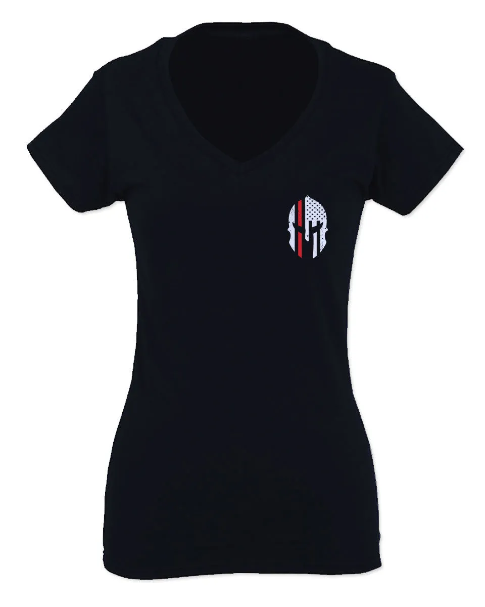 Greek Helmet America Support Thin Red Line Fonts Firefighter For Women V neck fitted T Shirt