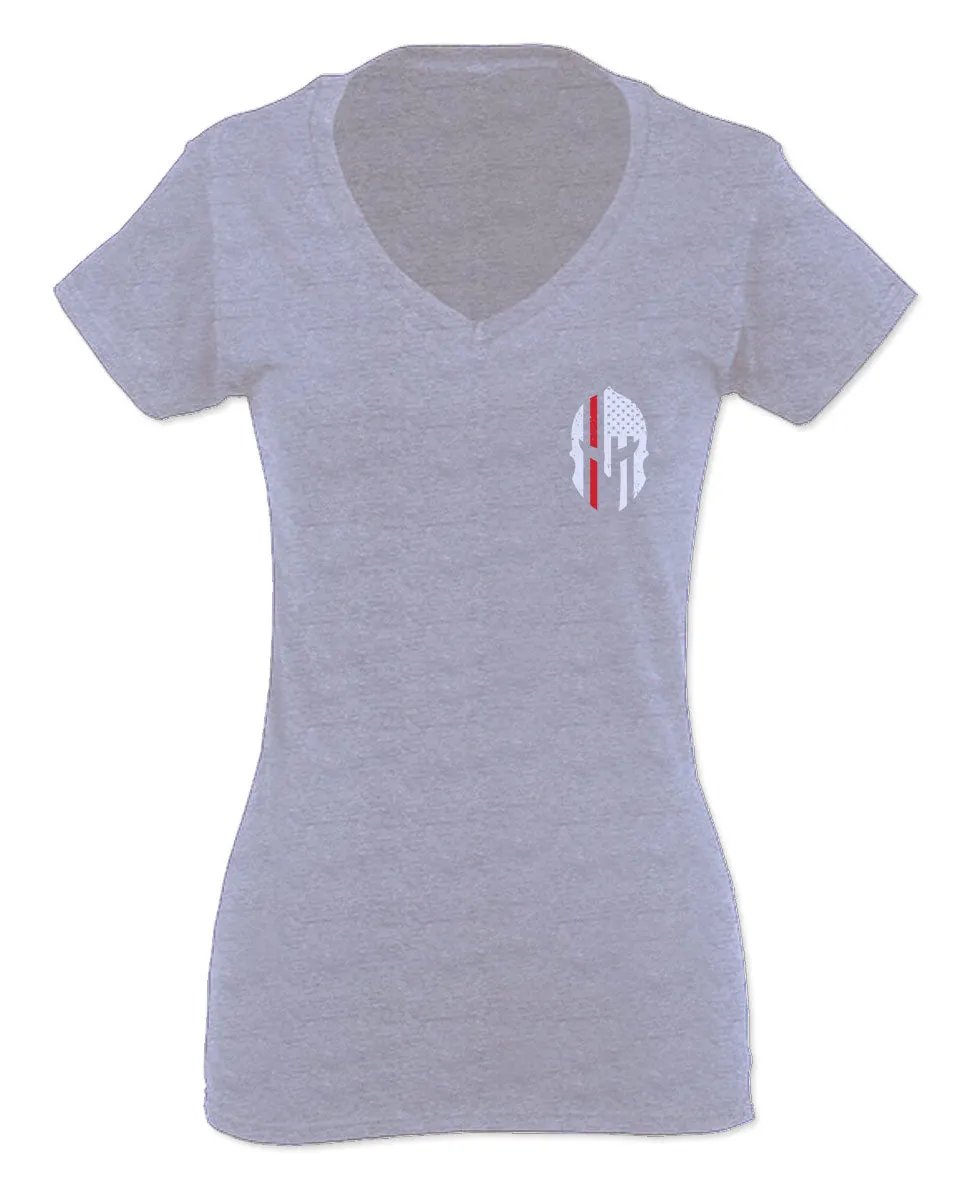Greek Helmet America Support Thin Red Line Fonts Firefighter For Women V neck fitted T Shirt