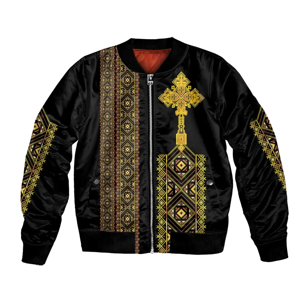 Habesha Motifs Ethiopia Bomber Jacket Tilet Black Gold LT7
