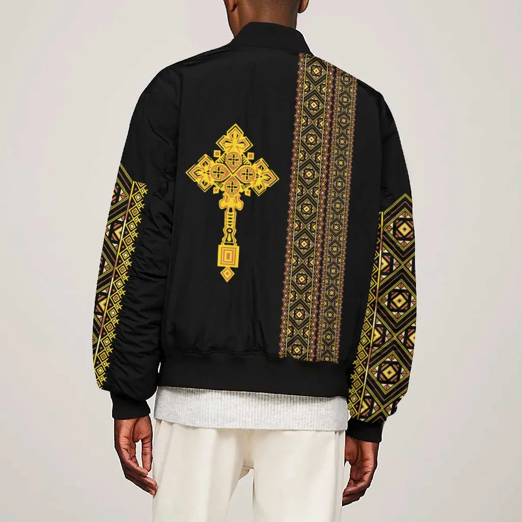 Habesha Motifs Ethiopia Bomber Jacket Tilet Black Gold LT7
