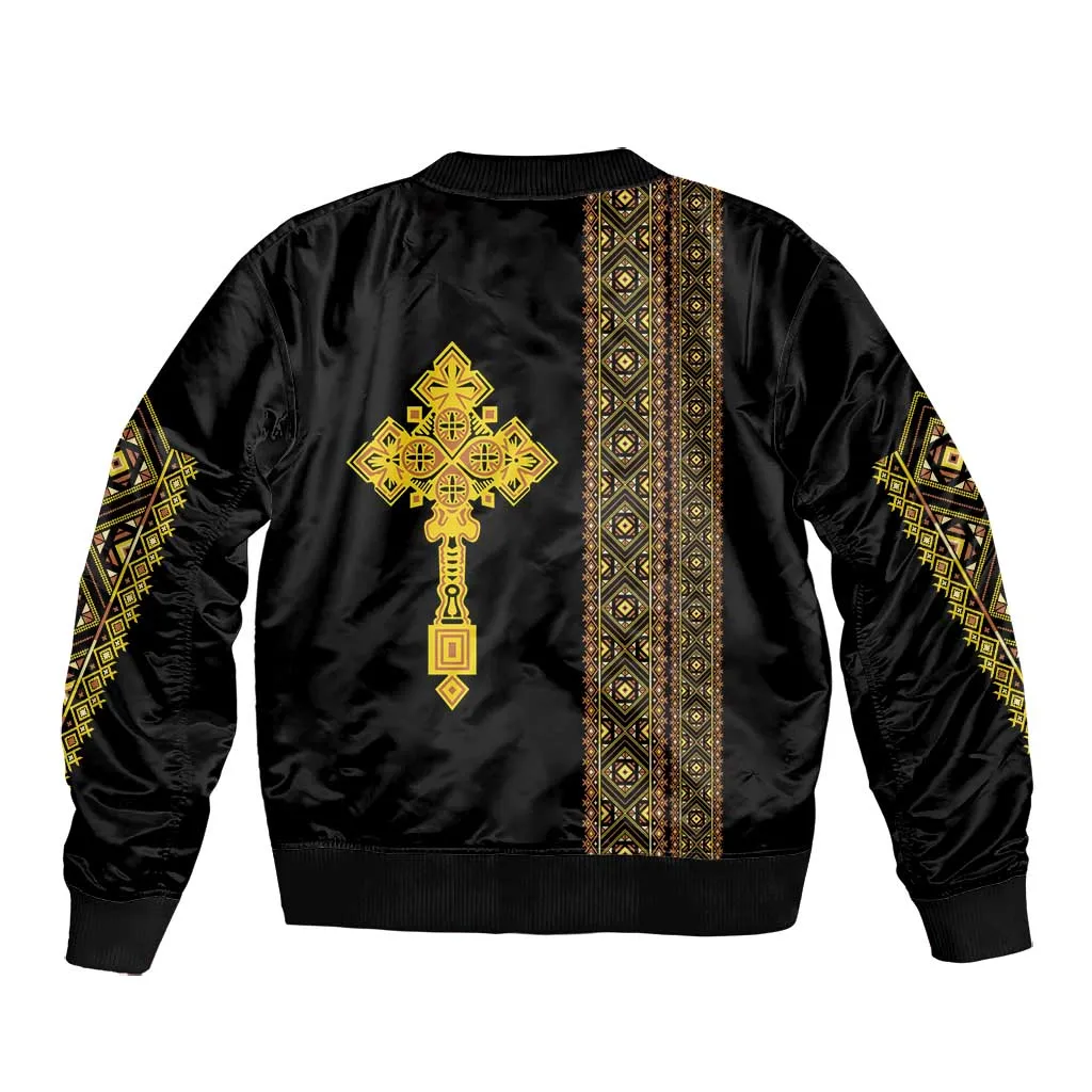 Habesha Motifs Ethiopia Bomber Jacket Tilet Black Gold LT7