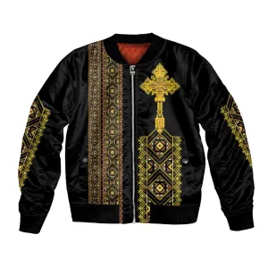 Habesha Motifs Ethiopia Bomber Jacket Tilet Black Gold LT7
