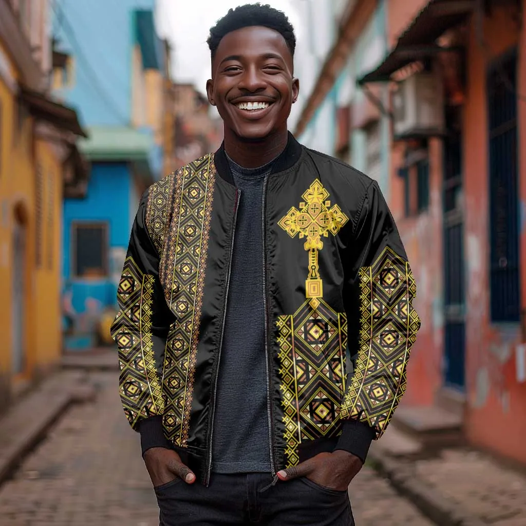 Habesha Motifs Ethiopia Bomber Jacket Tilet Black Gold LT7