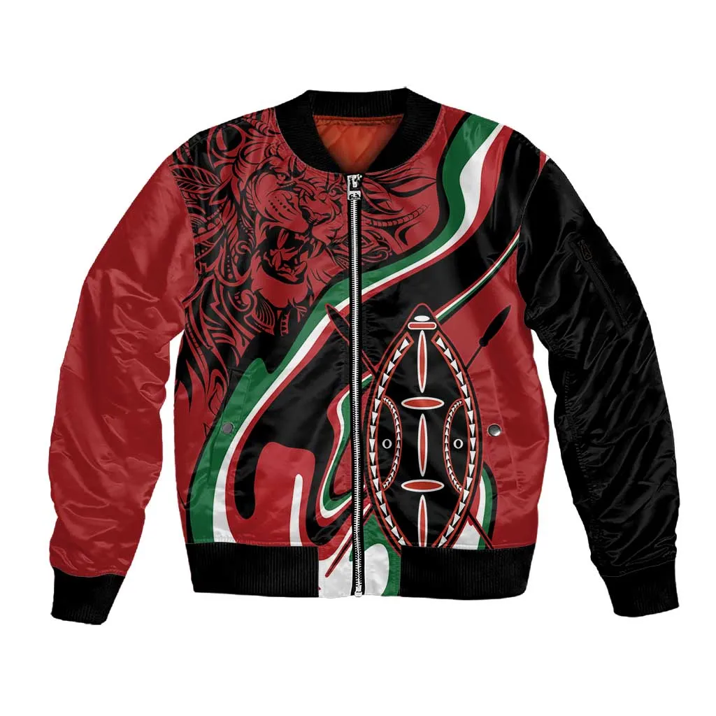 Happy Jamhuri Day Kenya Sleeve Zip Bomber Jacket Kenyan Lion and Maasai Shield LT9