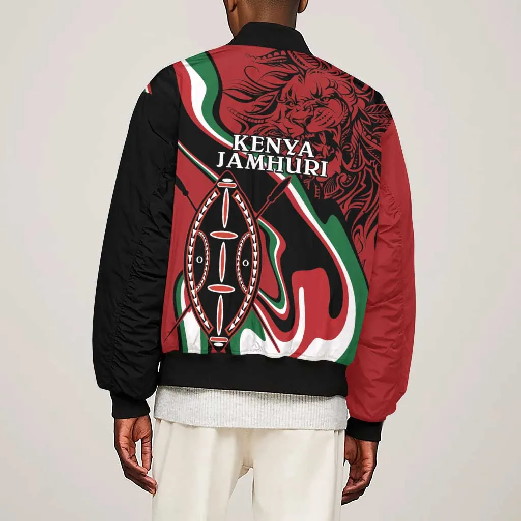 Happy Jamhuri Day Kenya Sleeve Zip Bomber Jacket Kenyan Lion and Maasai Shield LT9