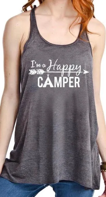 Hats or tanks { I'M A HAPPY CAMPER } { Camping hair don’t care } { Camping life } { Glamping hair don’t care } Embroidered distressed gray unisex trucker caps. Adjustable Velcro and hole for pony. RV there yet?