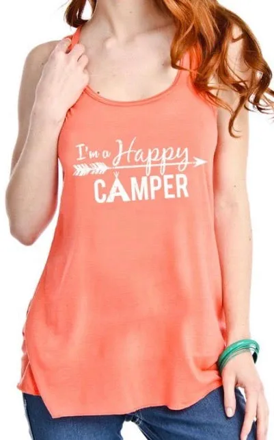 Hats or tanks { I'M A HAPPY CAMPER } { Camping hair don’t care } { Camping life } { Glamping hair don’t care } Embroidered distressed gray unisex trucker caps. Adjustable Velcro and hole for pony. RV there yet?