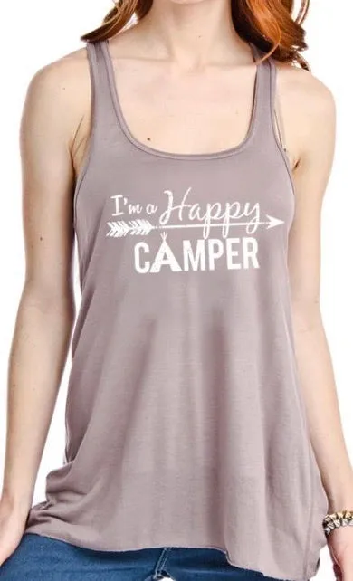 Hats or tanks { I'M A HAPPY CAMPER } { Camping hair don’t care } { Camping life } { Glamping hair don’t care } Embroidered distressed gray unisex trucker caps. Adjustable Velcro and hole for pony. RV there yet?