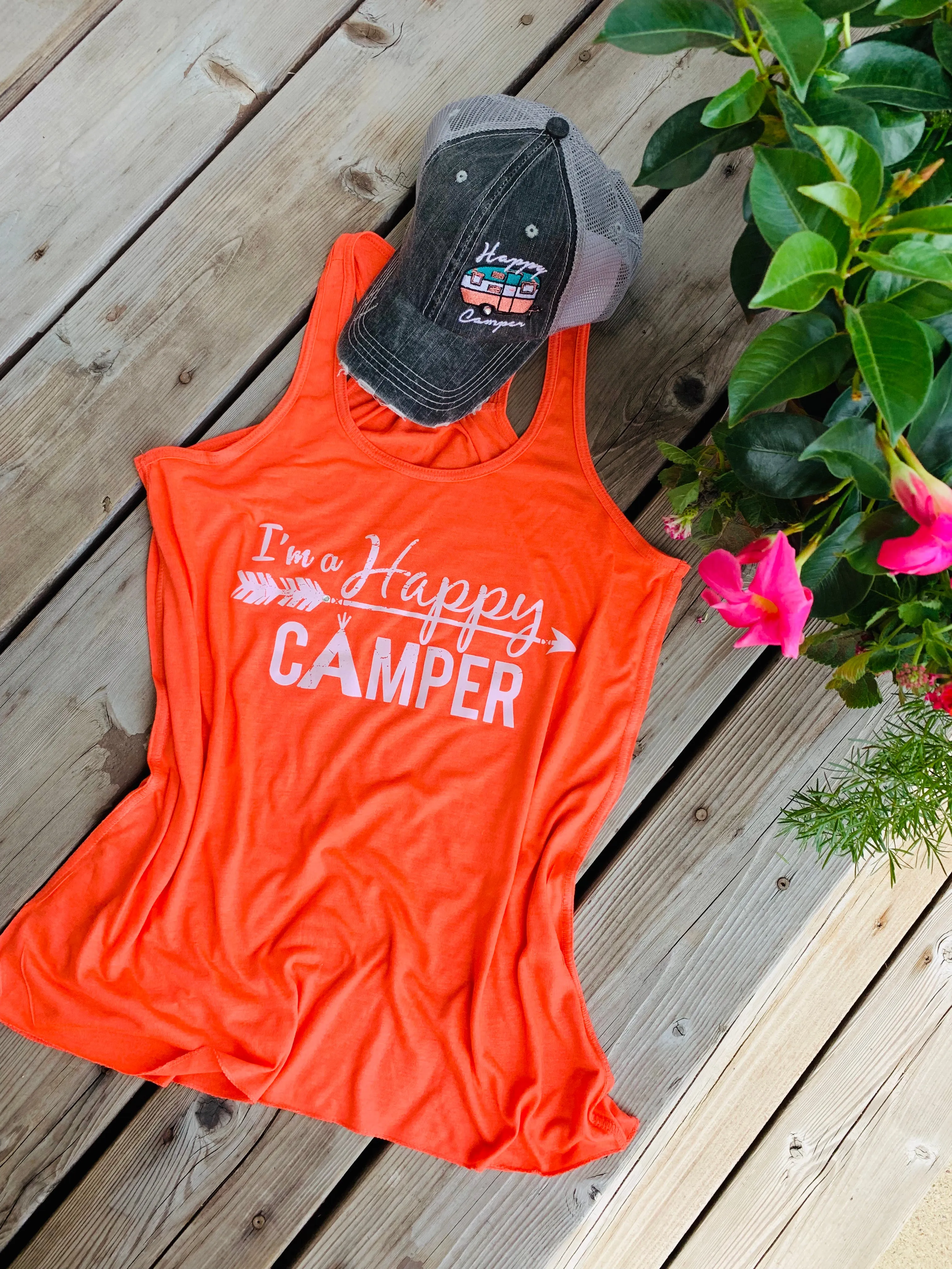 Hats or tanks { I'M A HAPPY CAMPER } { Camping hair don’t care } { Camping life } { Glamping hair don’t care } Embroidered distressed gray unisex trucker caps. Adjustable Velcro and hole for pony. RV there yet?