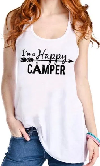 Hats or tanks { I'M A HAPPY CAMPER } { Camping hair don’t care } { Camping life } { Glamping hair don’t care } Embroidered distressed gray unisex trucker caps. Adjustable Velcro and hole for pony. RV there yet?