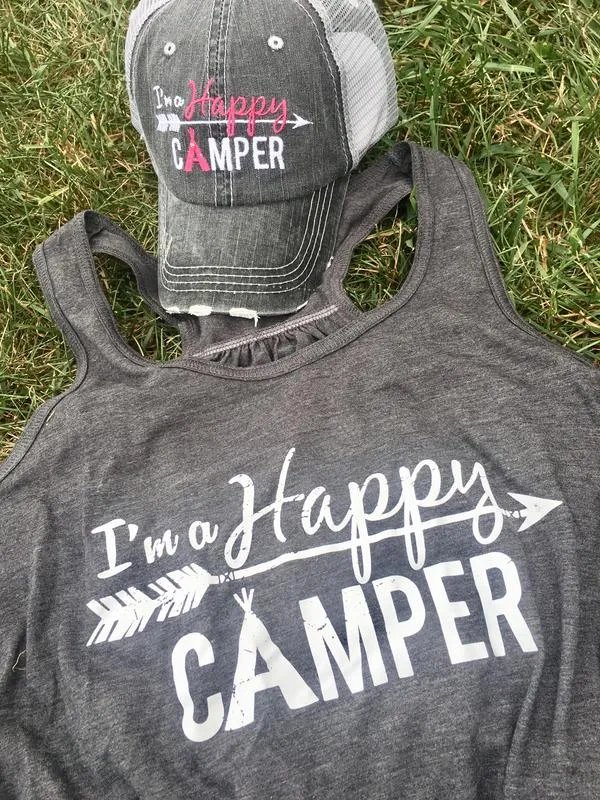 Hats or tanks { I'M A HAPPY CAMPER } { Camping hair don’t care } { Camping life } { Glamping hair don’t care } Embroidered distressed gray unisex trucker caps. Adjustable Velcro and hole for pony. RV there yet?