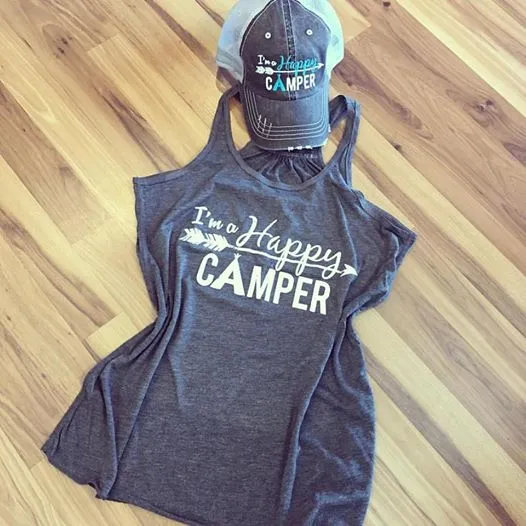 Hats or tanks { I'M A HAPPY CAMPER } { Camping hair don’t care } { Camping life } { Glamping hair don’t care } Embroidered distressed gray unisex trucker caps. Adjustable Velcro and hole for pony. RV there yet?
