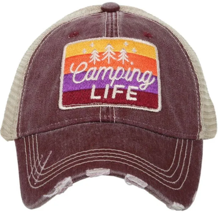 Hats or tanks { I'M A HAPPY CAMPER } { Camping hair don’t care } { Camping life } { Glamping hair don’t care } Embroidered distressed gray unisex trucker caps. Adjustable Velcro and hole for pony. RV there yet?