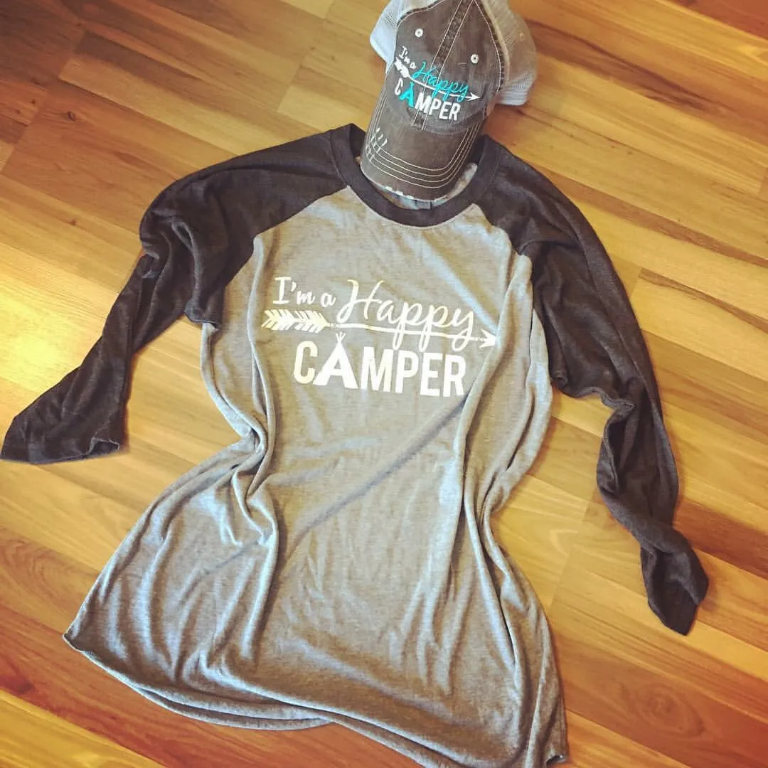 Hats or tanks { I'M A HAPPY CAMPER } { Camping hair don’t care } { Camping life } { Glamping hair don’t care } Embroidered distressed gray unisex trucker caps. Adjustable Velcro and hole for pony. RV there yet?