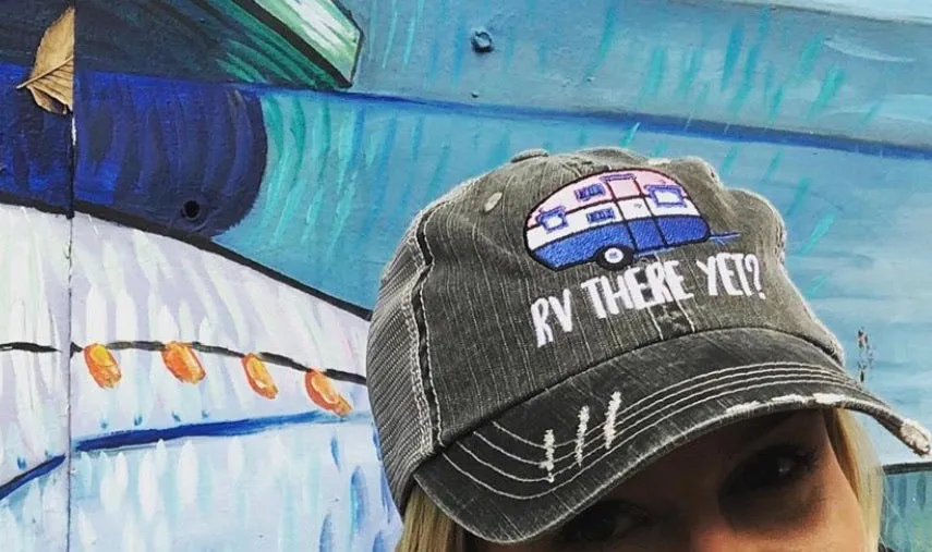Hats or tanks { I'M A HAPPY CAMPER } { Camping hair don’t care } { Camping life } { Glamping hair don’t care } Embroidered distressed gray unisex trucker caps. Adjustable Velcro and hole for pony. RV there yet?