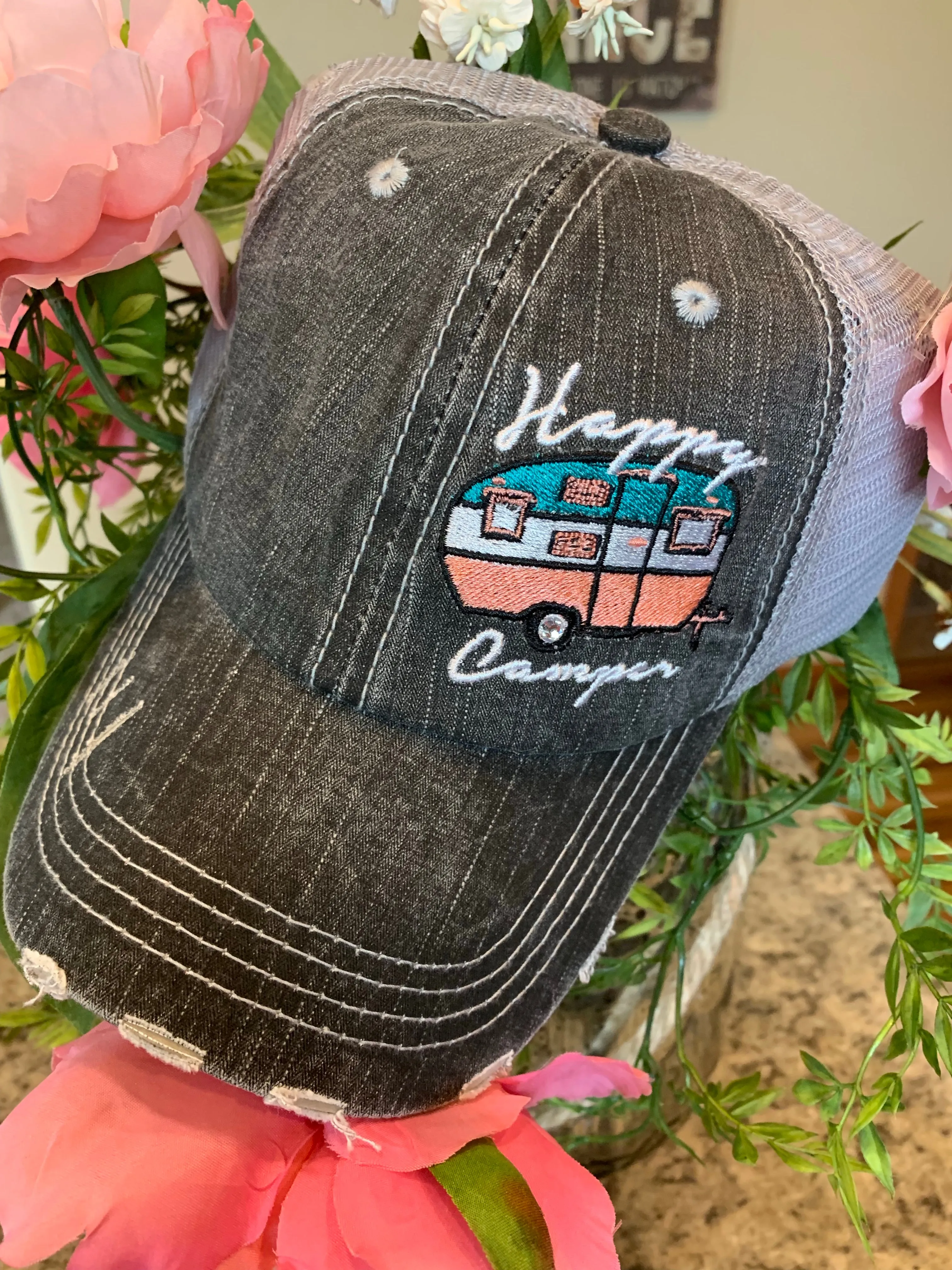 Hats or tanks { I'M A HAPPY CAMPER } { Camping hair don’t care } { Camping life } { Glamping hair don’t care } Embroidered distressed gray unisex trucker caps. Adjustable Velcro and hole for pony. RV there yet?